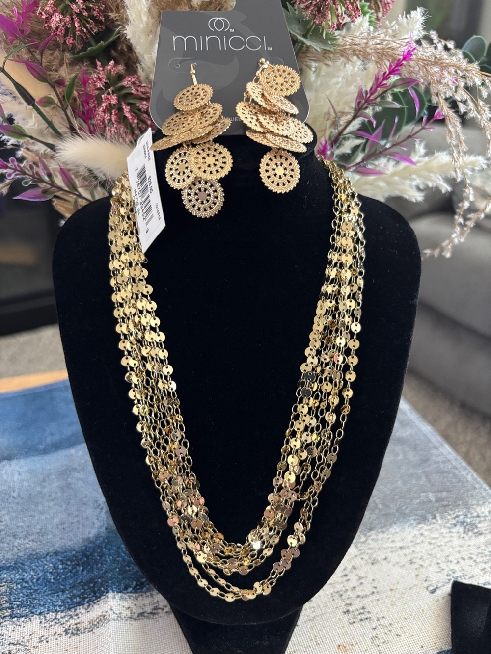Minicci Gold Multi-Strand Disc Necklace with Matching Drop Earrings